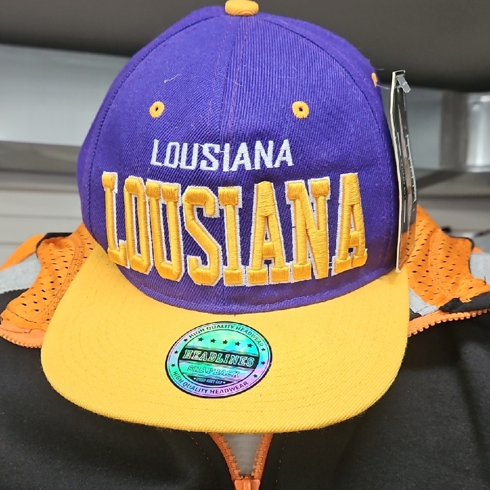 Louisiana Adult Headline Snapback Cap in Purple and Yellow